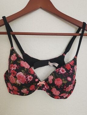 Victoria's Secret Black Bra with Pink Floral Print Thin Padding